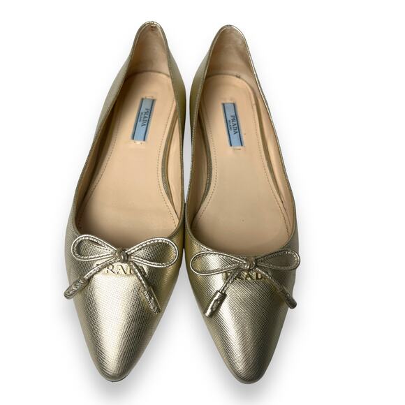 PRADA Gold Metallic Leather Bow Logo Accent Pointed Toe Ballet Flats 36 US 6 - Picture 4 of 7